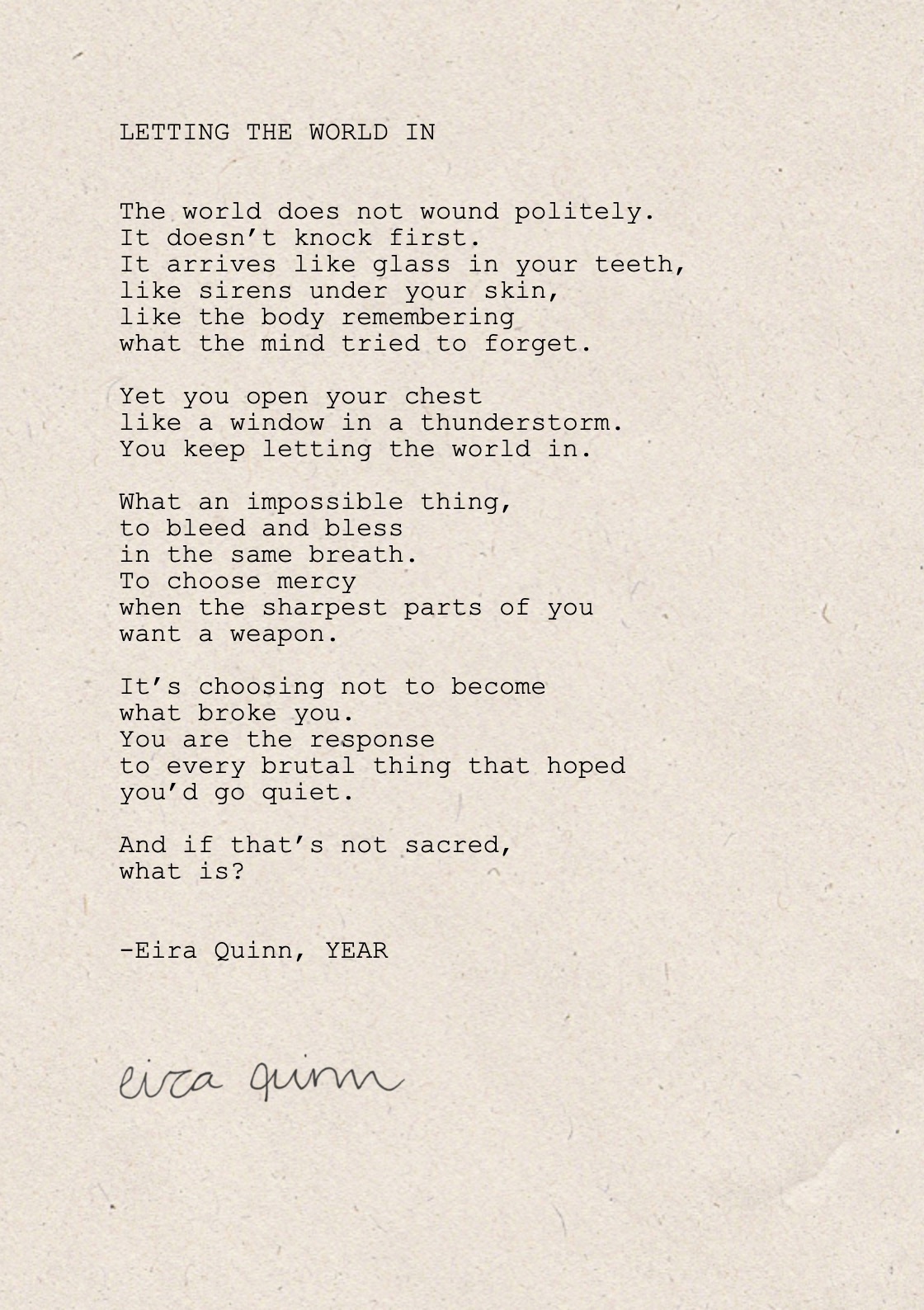 Mockup of "Letting the World In" hand-typed on A5 handmade paper